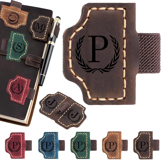 Artlaza Personalized Magnetic Leather Bookmark with Pen Holder - 26 Letters Custom Book Mark with Name Initial Engraved Book Marker for Readers, Book Lovers, Travelers - Gift for Women & Men(Brown，P