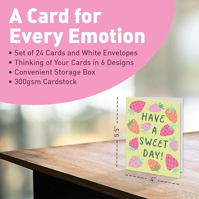 Sweetzer & Orange S&O Fun Thinking of You Cards with Envelopes - Colorful Notes Pack of 24 Box - Blank Inside Encouragement Cards with Covers- Bulk Boxed Greeting sheets in various Designs-4x5.5"