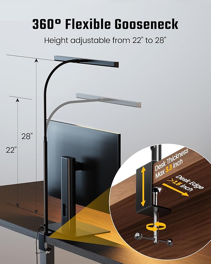 SUPERDANNY LED Desk Lamp for Office Home, Eye-Caring Desk Light with Adjustable Gooseneck, 12W Touch Control Dimmable Brightness, Architect Clamp Lamp with USB Adapter for Reading Study Workbench