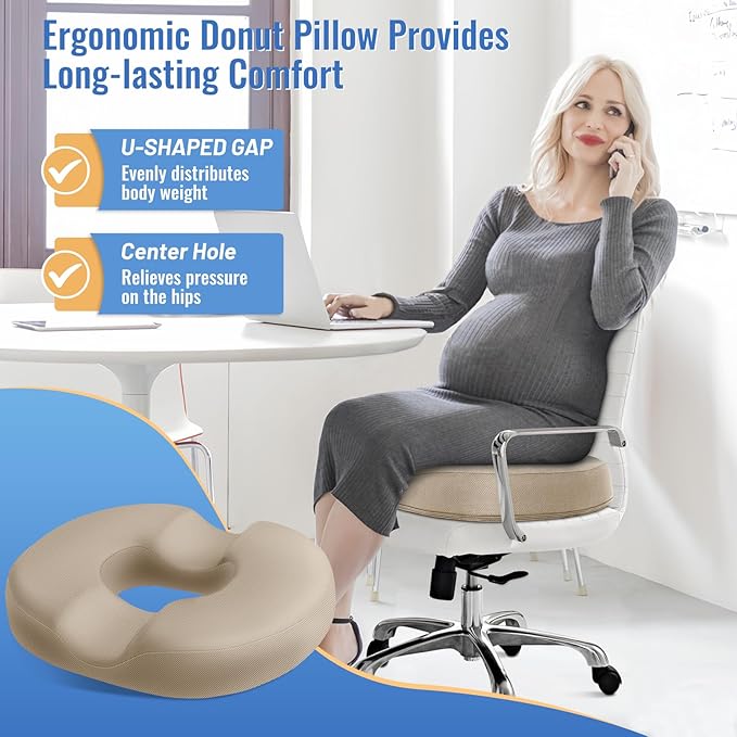CloudBliss Donut Pillow Seat Cushion Chair Pad for Tailbone Pain Relief and Hemorrhoids, Memory Foam Seat Chair Cushion for Men and Women for Home & Office, (Khaki)