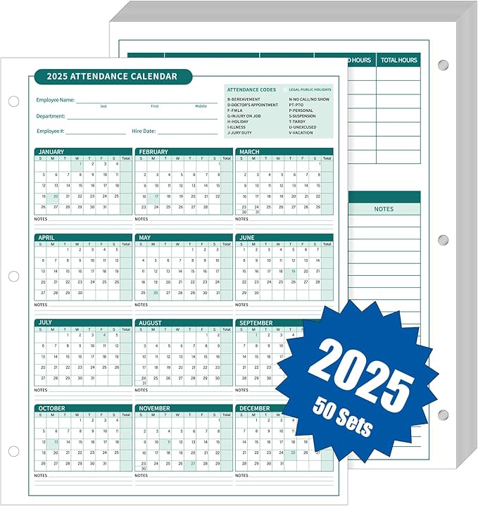 ReliThick 50 PCS 2025 Attendance Calendar Card Stock Paper 2025 Attendance Sheets for 3 Hole Binder Employee Record Folders for Manager, HR, Store Location Managers(Green)