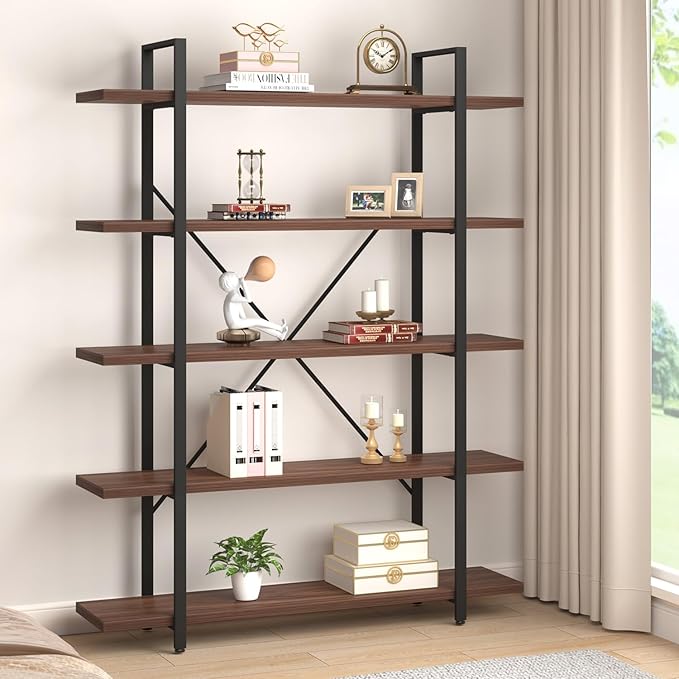 HSH Walnut 5 Tier Bookshelf, Tall Bookcases and Book Shelves 5 Shelf, Large Industrial Metal Wood Display Book Shelf Storage Rack, Rustic Open Bookcase Bookshelves for Bedroom Living Room Office