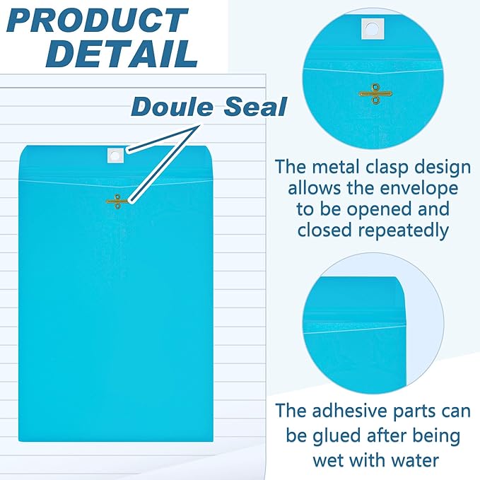 Geyee 100 Pcs Clasp Manilla Envelopes 9 x 12 Inch Gummed Colored Envelopes for Storing or Mailing for Home Office Business Supplies(Lake Blue)