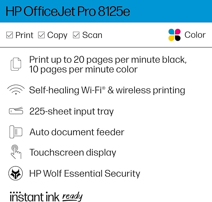 HP OfficeJet Pro 8125e Wireless All-in-One Color Inkjet Printer, Print, scan, Copy, ADF, Duplex Printing, Home & Office, 3 Months of Instant Ink Included (405T6A)