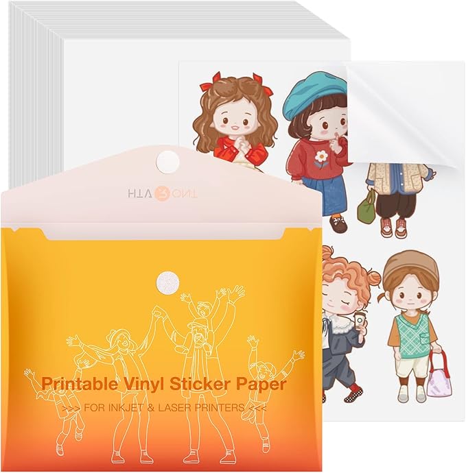 HTVRONT Printable Vinyl Sticker Paper, 100 Sheets Matte Waterproof Sticker Paper For Inkjet Printer Dries Quickly-Standard Letter Size 8.5"X11"(100 g)