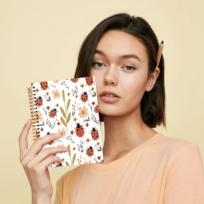 JXREQ Cute Ladybug Floral Notebook Insects Botanical Journal Gifts for Women Note Taking Writing Study, Office School Supplise, Aesthetic Spiral Notebooks 5.5x8.3