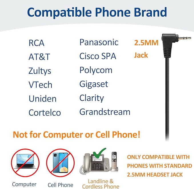 Wantek Office Phone Headset, 2.5mm Telephone Headset with Mic Noise Canceling Compatible with Cordless Phones Panasonic AT&T ML17929 Vtech RCA Cisco SPA Polycom Uniden Grandstream Clarity(A602F)