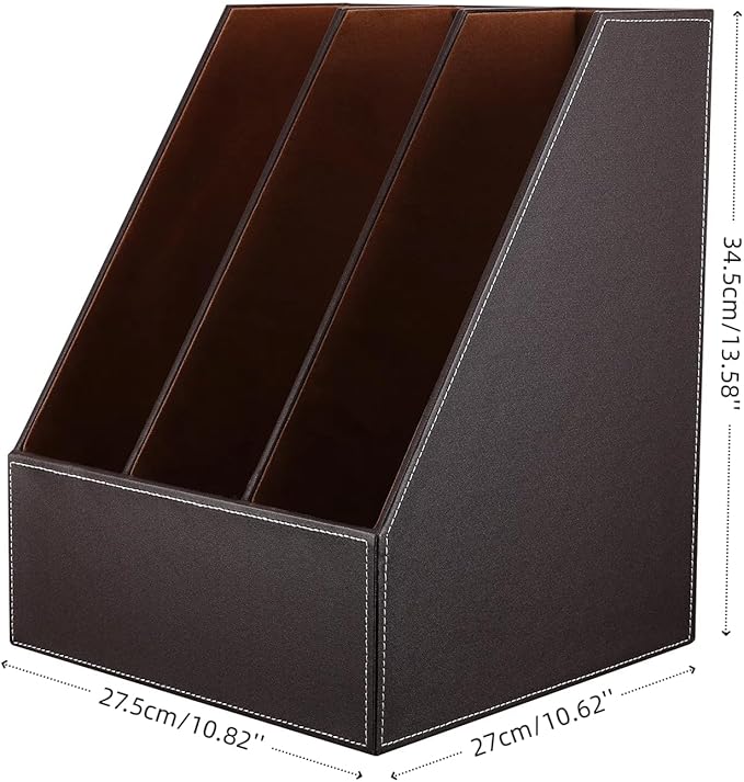 KINGFOM Desktop Wooden Leatherette Magazine File Holder-Organizer-3 Compartment Stand Rack-Papers Storage Box (brown)