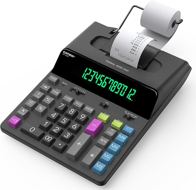 CATIGA 12 Digit Thermal Printing Calculator with Tape Print Out, Ink-Free Adding Machine, 5X Faster Quite at 8.0 LPS, Extra Large Fluorescent Display, Tax Calculation with Clock and Calendar, SP-2401