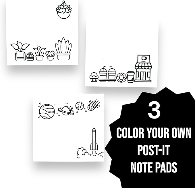 A Brighter Year Color Your Own Post-It Notes Bundle - 3 Sticky Note Pads - 3” x 3” Self Stick Notes - Coffee, Plant, & Space Themes -School, Office, Home, Travel, Notebook - Relaxation, Stress Relief
