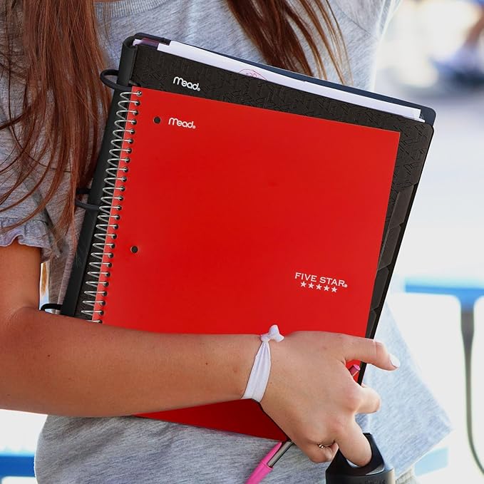 Five Star Spiral Notebook + Study App, 5 Subject, Wide Ruled Paper, Fights Ink Bleed, Water Resistant Cover, 8" x 10-1/2", 200 Sheets, Fire Red (72041)