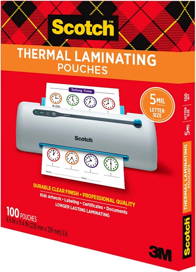 Scotch Thermal Laminating Pouches, 100 Count, Clear, 5 mil., Laminate Business Cards, Banners and Essays, Ideal Office or School Supplies, Fits Letter Sized Paper (8.9 in. × 11.4 in.)