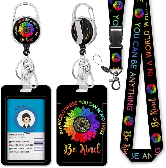 Giancomics Be Kind Lanyards for Id Badges, ID Badge Holder with Lanyard Badge Reel Retractable, Flower Teacher Lanyard with ID Holder Keychain Clip Name Tag ID Card Holder for Women Work Office Gift