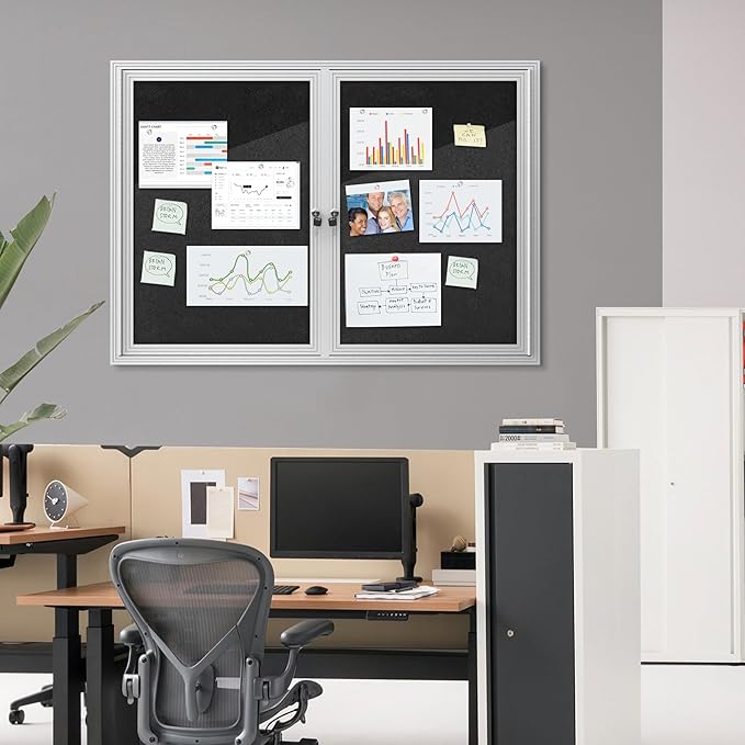 48"x34" Enclosed Bulletin Board, Outdoor Lockable Weather-Resistant Aluminum Cork Noticeboard for School & Office, Silver Frame w/Black Flet