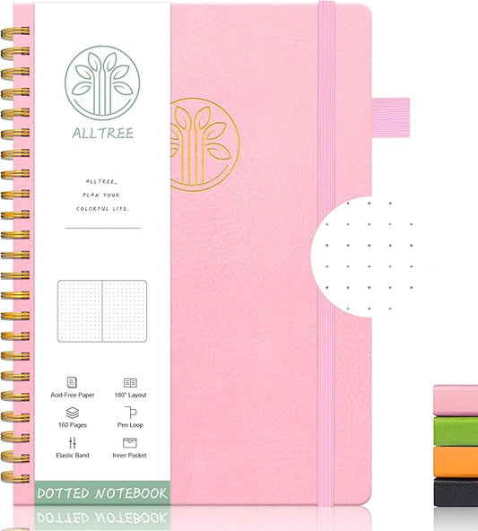 Alltree Spiral Dot Grid Notebook Journal, Dotted Paper Notebook for Work, Hardcover Spiral Notebook with Pen Loop, Pocket, Stickers, 160 Pages, Journal for Women & Men, Pink(6"x8.5")
