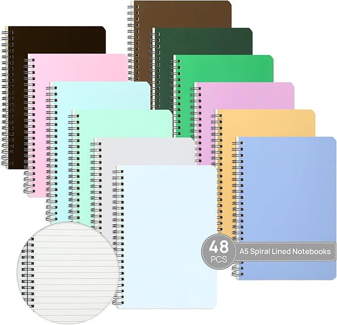 miikoul 48 Pack A5 Spiral Lined Notebooks, 8.3" X 5.5", 60 Sheets/120 Pages Wide Ruled Notebook Spiral Journals Bulk Paper Cover Notepad 12 Colors for Students Taking Class Notes Home Office Gift