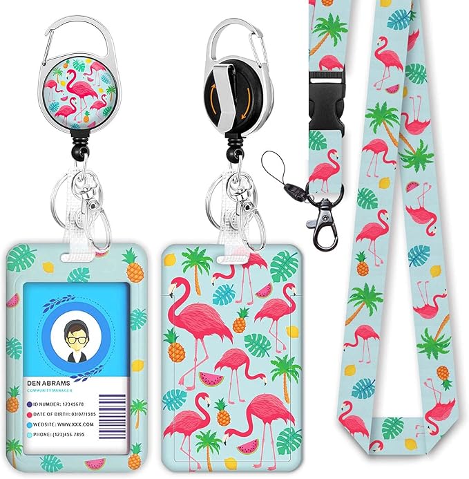 Teacher Lanyards for ID Badges and Keys, Retractable ID Badge Holder with Lanyard, Cute Flamingo Badge Reel Heavy Duty with 360 Degrees Rotate Carabiner Clip, Nurse Student Office Gifts