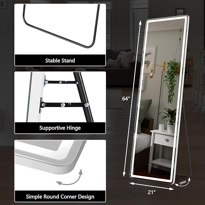 64"x21" Full Length Mirror with LED Lights, Lighted Full Body Mirrors, Aluminum Frame Mirror with Dimming & 3 Color Lighting, Hanging Mounted Mirrors for Bedroom Dressing Room Cloakroom