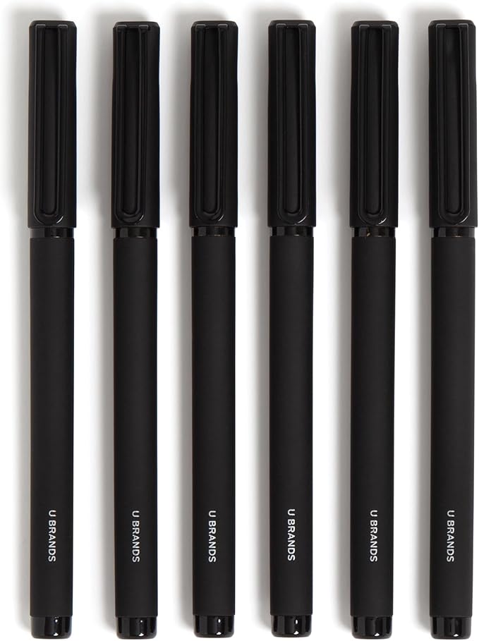 U Brands Catalina Felt Tip Pens, Set of 6, Midnight Black, Painted Metal Hardware, Medium (0.7 mm) Point, Black Ink