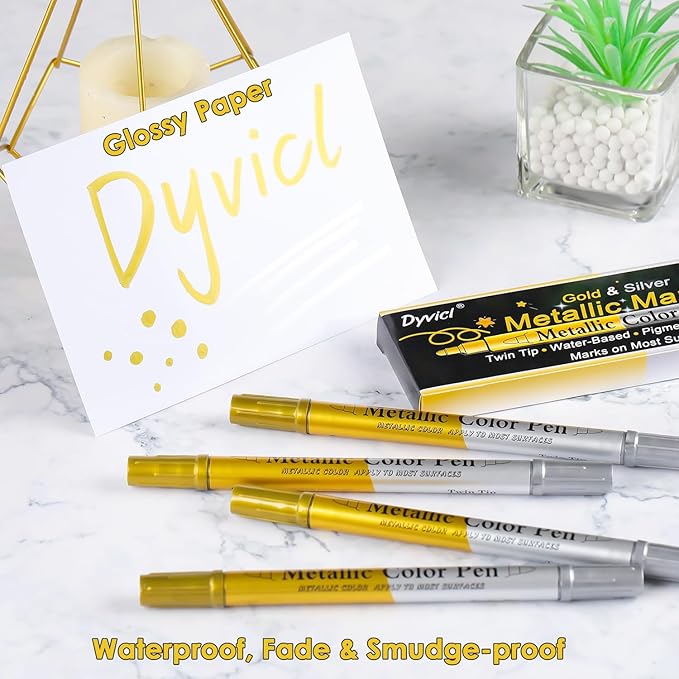 Dyvicl Metallic Marker Pens Dual Tip, Permanent Metallic Silver and Gold Paint Pens for Black Paper, Wine Glass, Rock Painting, Christmas Card Making, Scrapbook, DIY Art Crafts, Set of 4