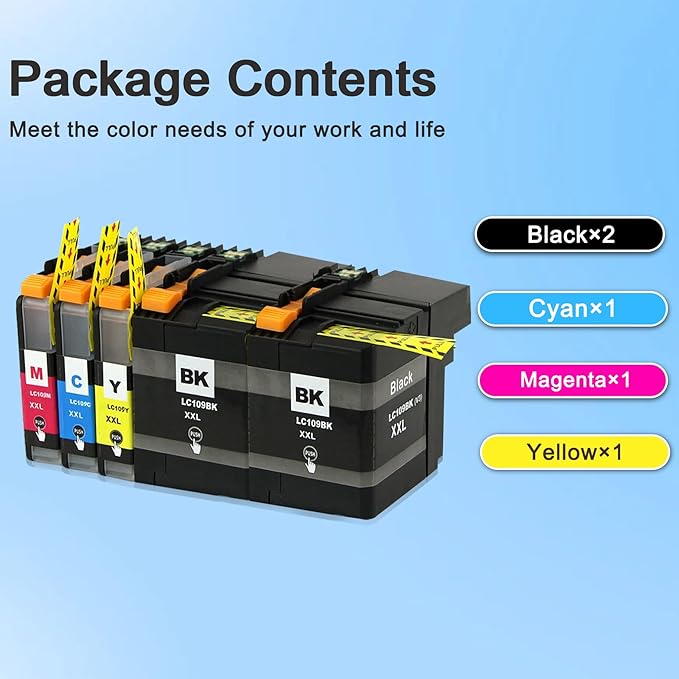LC109 XXL Super High Yield Ink Cartridges (5-Pack,2BK/1C/1M/1Y) - LC109BK XXL 105C 105M 105Y Ink Cartridges Replacement for Brother LC109 LC105 Ink MFC-J6520DW MFC-J6720DW MFC-J6920DW Printer