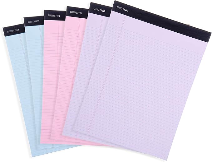 Mintra Office Legal Pads - ((BASIC PASTEL 6pk, 8.5in x 11in, NARROW RULED)) - 50 Sheets per Notepad, Micro perforated, Pastel Writing Pad, Notebook Paper for School, College, Office, Business - Pink, Blue, Purple