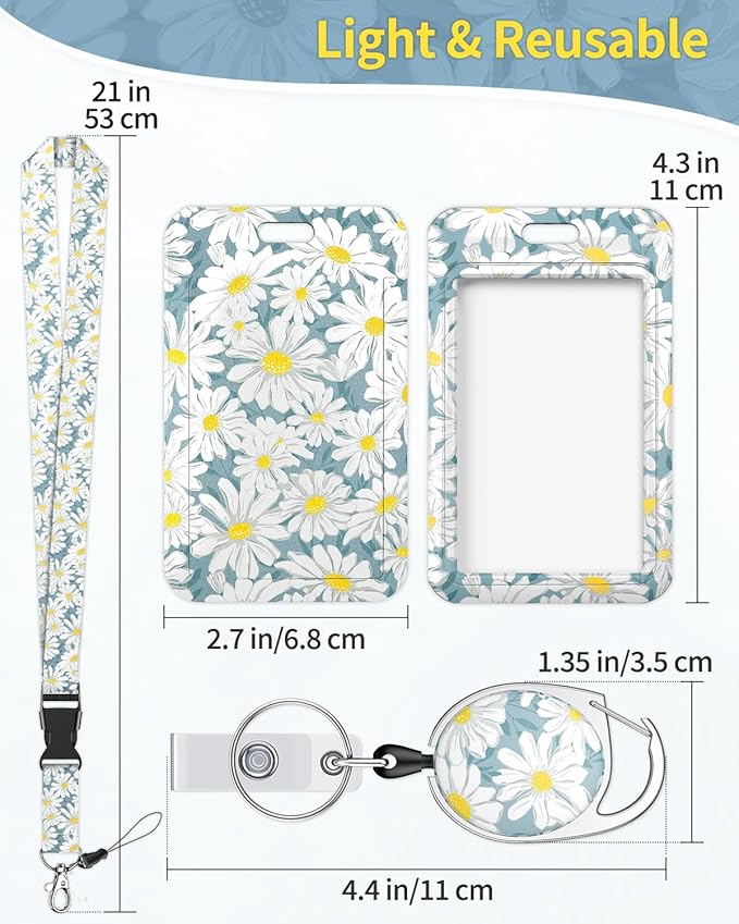 Uniclife Floral Sliding Badge Holder Daisy Flower Plastic Case with Retractable Badge Reel Carabiner Clip & Detachable Lanyard Strap Fashionable Vertical Card Protector for Women Nurse Teacher Student