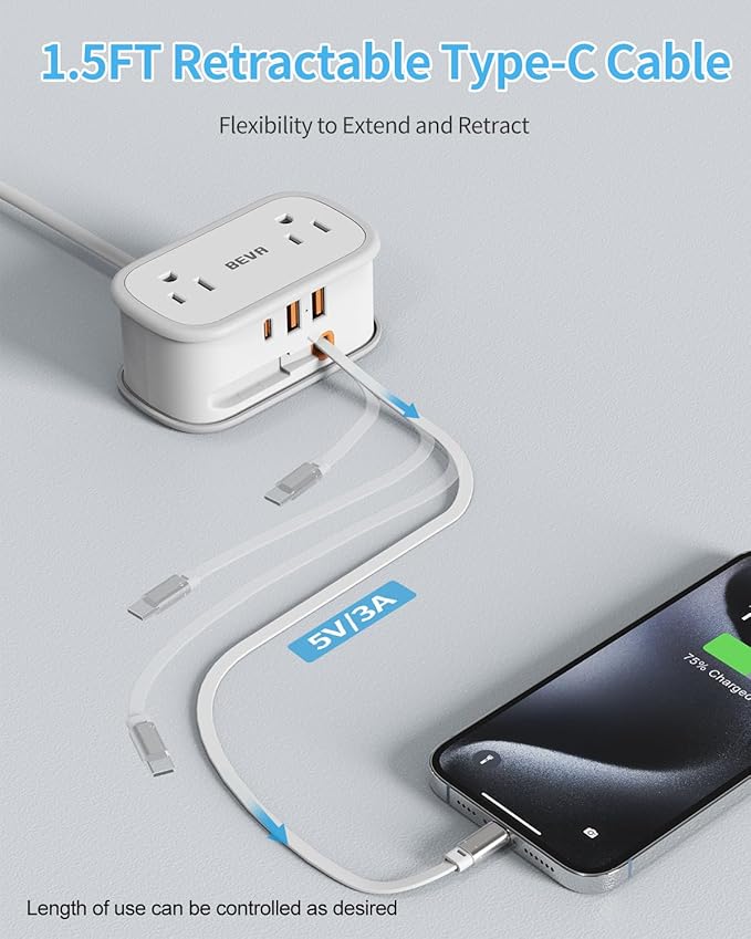 BEVA Travel Power Strip, Flat Plug Power Strip with Retractable USB C Cable, 5 FT Short Extension Cord with 2 AC Outlets 3 USB Ports(1 USB C), Small Portable Travel Accessories, Cruise Ship Essentials