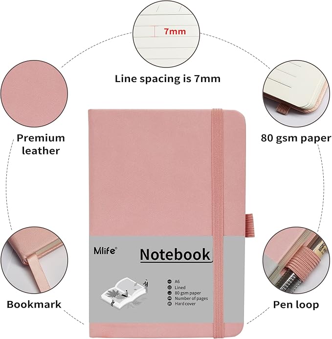 A6 Small Journal Notebook, Lined Pocket Notebook with Pen Holder, Mini Notebook Hardcover, 192 Pages, 3.9 inches * 5.5 inches Jurnal for Women and Man（1PACK Pink）
