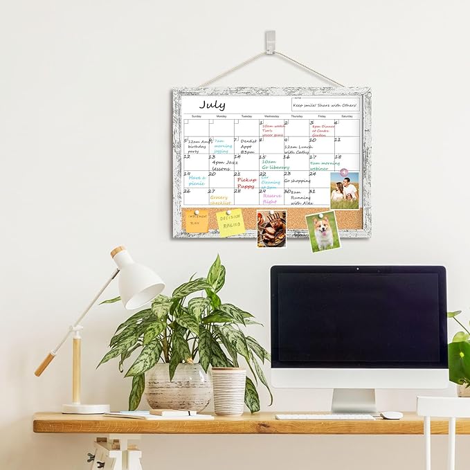 Dry Erase Calendar for Wall, 17"x13" Whiteboard Calendar Cork Board Combo, Magnetic White Board Monthly Calendar with Wood Framed, Hanging Dry Erase Board for Office Kitchen Home Planner Memo