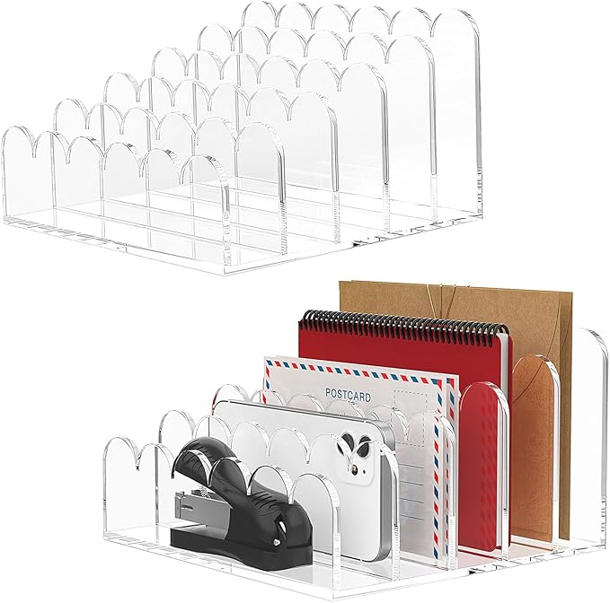YAGELI 2 Pack 5-Slot Acrylic Mail Organizer for Desktop – Scalloped Clear Document Sorter, Vertical File Holder for Office/Home, Space-Saving Desk Organizer for Letters, Bills, Stationery