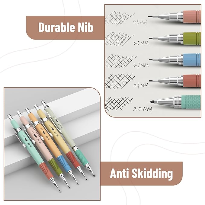 Mr. Pen- Mechanical Pencil Set, 5 Sizes, 0.3, 0.5, 0.7, 0.9, 2mm, Anti Skidding Grip Cute Mechanical Pencils, Sketching Pencils, Aesthetic Mechanical Pencils, Pastel Mechanical Pencils