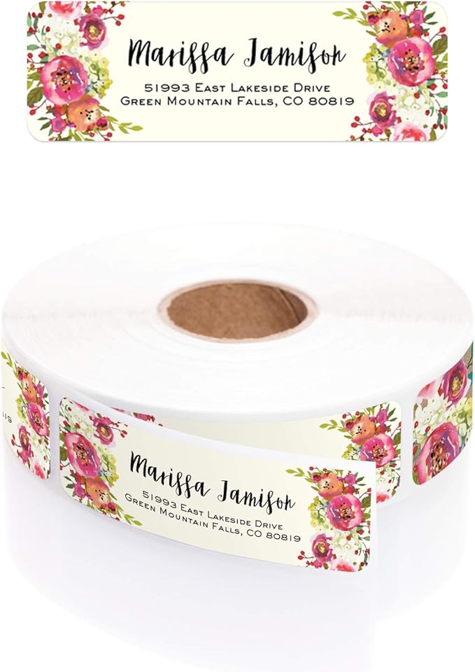 Vibrant Floral and Ivory Rolled Address Labels/Roll of 500 Personalized Address Labels/Designer Return Address Stickers in Elegant Plastic Dispenser