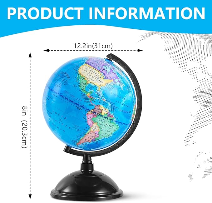 8 Inch World Globe with Stand Rotating Earth Spinning Globe for Kids Geography Classroom Education or Decorations (Blue)