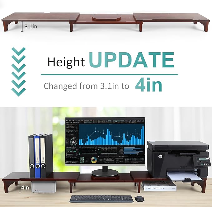 Nnewvante Monitor Stand Riser, Upgrade Height Large TV Riser, 60 inch Large Bamboo Dual Monitor Stand for Desk, 3 Shelves Desktop Screen Riser with Adjustable Length Angle for Computer Laptop Walnut