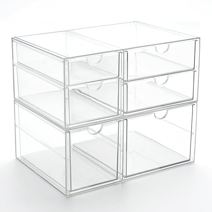 Prsildan Acrylic Drawer Makeup Organizer with 6 Drawers, Set of 2 Office Desk Organizers Accessories, Clear Stackable Storage Drawers for Vanity, Countertop, Craft, Jewelry, Art Supply Organization