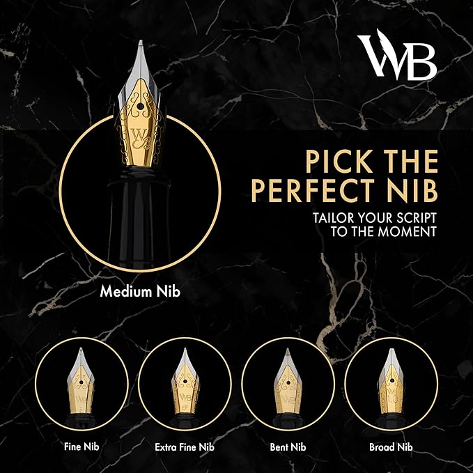 Wordsworth & Black Fountain Pen Set, 18K Gilded Broad Nib, Includes 24 Pack Ink Cartridges, Ink Refill Converter & Gift Box, Gold Finish, Calligraphy, [Black Gold], Perfect for Men & Women