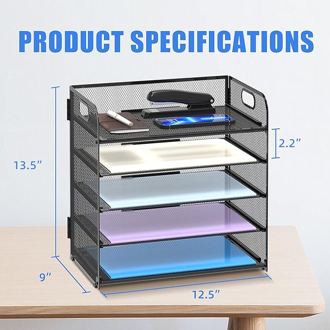 Supeasy 5 Trays Paper Organizer Letter Tray with Handle-Mesh Desk File Organizer, Paper Sorter Desk Organizer for Office, Home or School