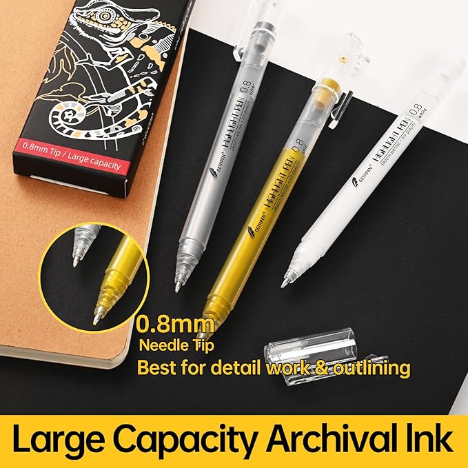 White Pens, 3Pack, White Gel Pens for Artists,0.8mm Extra Fine Point, White Gel Pen, White Ink Pen, White Pens for Black Paper, White Drawing Pens,White Pen for Artists Drawing
