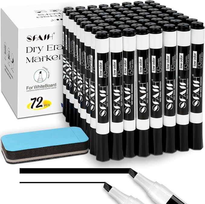 SFAIH Dry Erase Markers Chisel Tip with Magnetic Whiteboard Eraser, 72 Bulk Pack Black White Board Markers for Teachers & Students, Versatile Lines, 1s Quickly Dry, Perfect for Classroom and Office