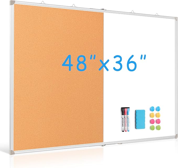DOLLAR BOSS Foldable Cork Board White Board Combo 48 x 36 Inch Extra Large Magnetic Whiteboard Dry Erase Bulletin Board Portable Double Sided Aluminum Frame Pin Board Back to School Supplies