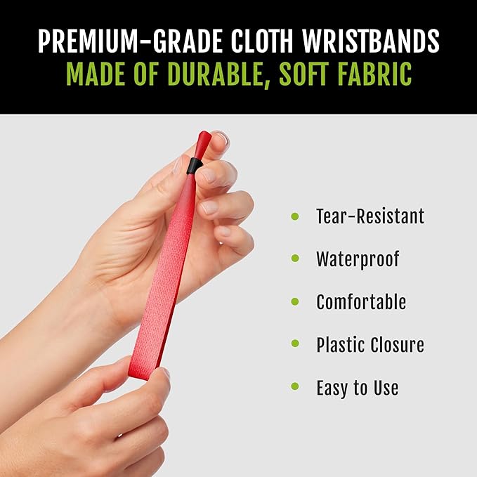 Wristco 100 Red Cloth Event Wristbands – Plastic Closure to Prevent Transfer or Reuse – Premium-Grade Fabric Bracelets for Party Entry, Summer Camp, VIP Identification, Drink Ticket ID