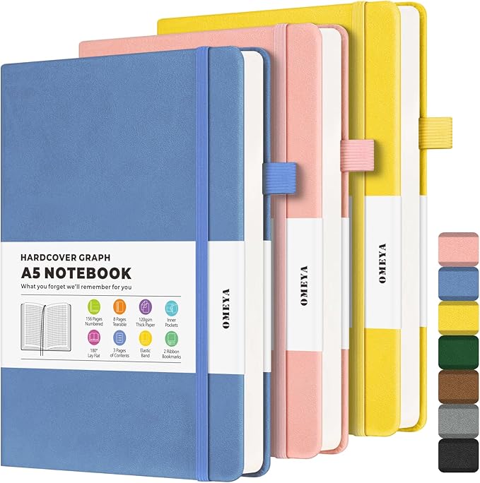 Graph Paper Notebook 3 Pack, A5 Grid Notebook Journal with Index Pages, Graph Notebook with 120gsm Paper, Leather Journal for Writing, Grid Paper Notebook for Work, School Supplies, Math,5.75" x 8.38"