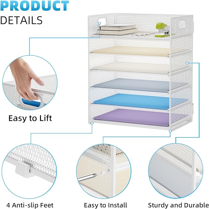 Marbrasse 6 Tier Paper Organizer Letter Tray - Mesh Desk File Organizer with Handle, Paper Sorter for Letter/A4 Office File Folder Holder - White