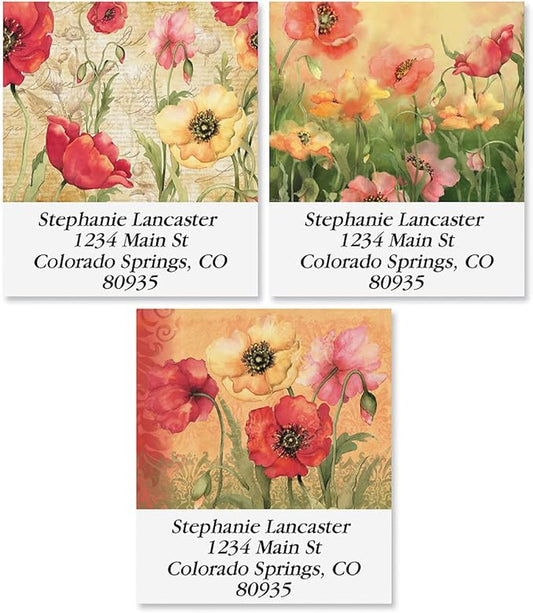Colorful Images Poppies Floral Return Address Mailing Labels, Personalize with Name & Address, Set of 144 Self Adhesive, Easy Peel Flat Label Sheets, Square, 3 Designs