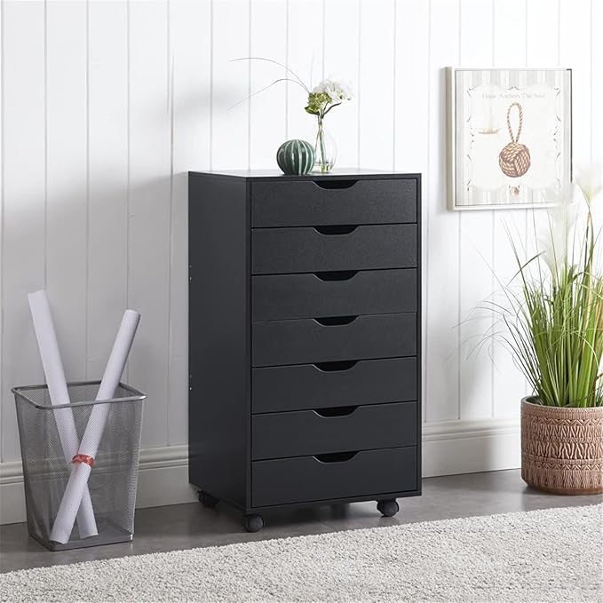 Naomi Home 7 Drawer Office File Cabinet, Storage File cabinets for Home Office, Office Organization Filing Cabinet with Wheels, Printer Stand with Storage, 180 lbs Capacity – Black