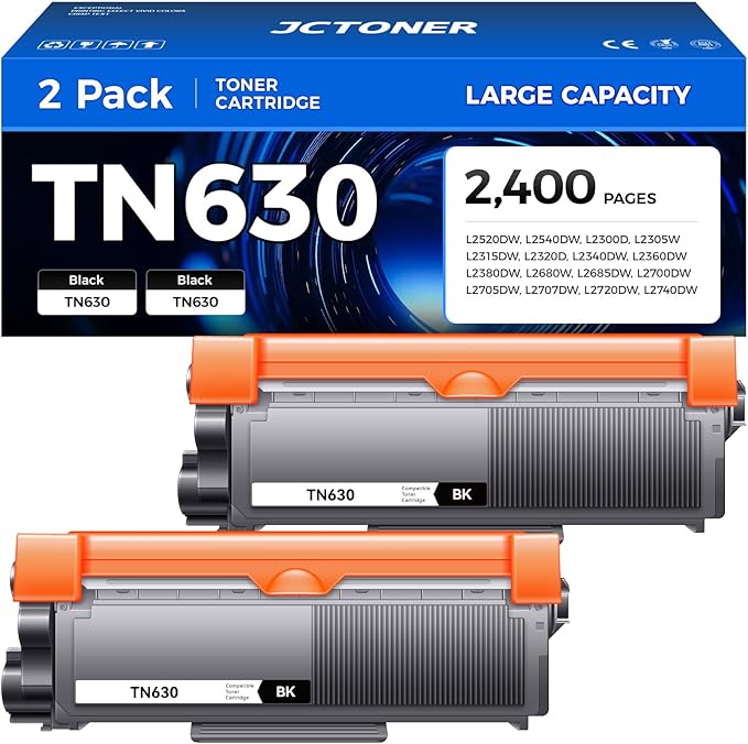 TN630 Black Toner Cartridge 2-Pack Replacement Compatible for Brother TN-630 TN660 TN-660 HL-L2380DW HL-L2320D HL-L2340DW DCP-L2540DW MFC-L2700DW MFC-L2720DW HL-L2300D HL-L2360DW MFC-L2740DW Printer
