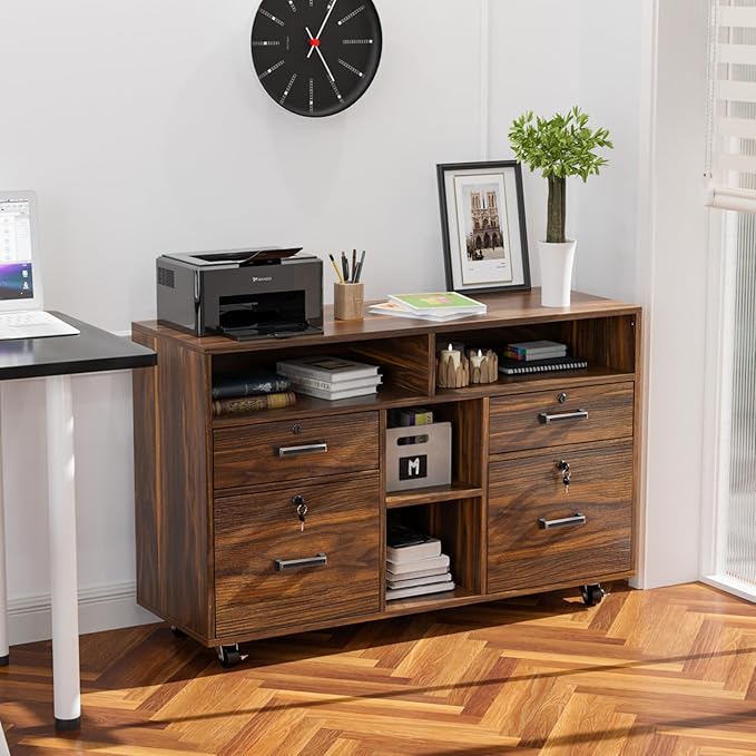 VINGLI Dark Brown Wood Lateral File Cabinet with Lock, 4 Drawer & 4 Open Shelves, Rolling File Cabinet for Home Office, Letter Sized