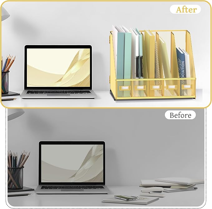SUPEASY Desk Organizers Metal Desk Magazine File Holder with 5 Vertical Compartments Rack File Organizer for Office Desktop, Home Workspace, Gold