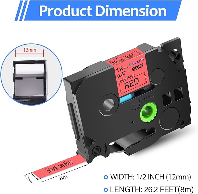 6PK Compatible for Brother P-Touch Label Maker Tape TZe-431 TZe TZ Label Tape TZ-431 TZe431 TZ431 12mm 0.47'' Laminated Black on Red Tape for PT-D210 D220 H110 D400